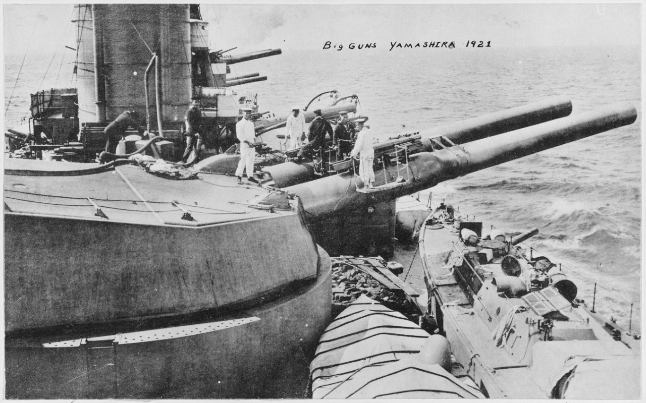 Big guns looking forward on Japanese YAMASHIRO Class FUSO. 1921