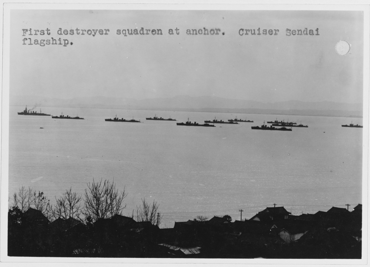 Japanese Destroyers First Destroyer Squadron at anchor. Cruiser SENDAI flagship