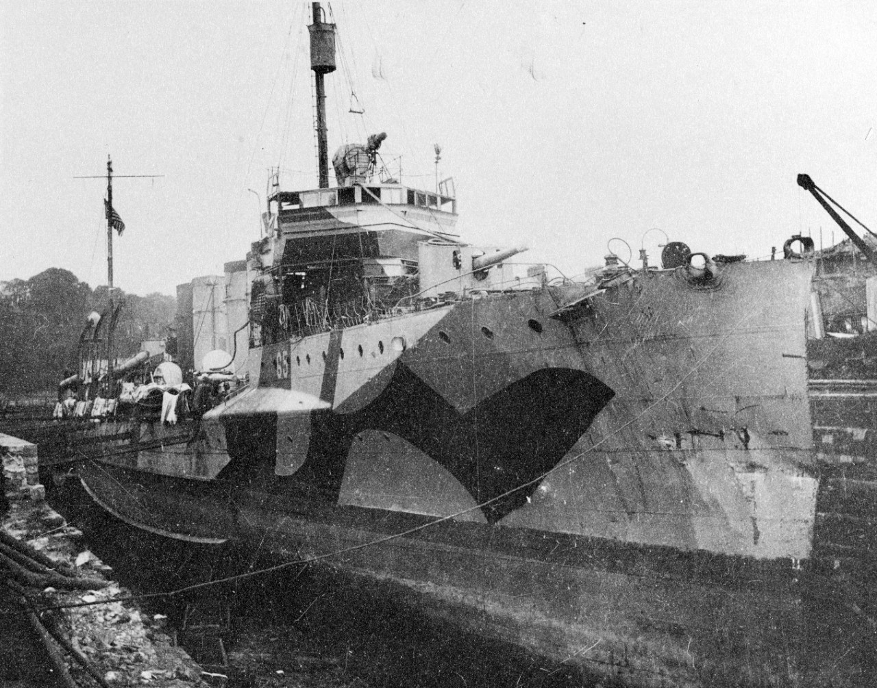 USS DAVIS (DD-65) in drydock at Queenstown, Ireland, for repair of collision damage, 1918