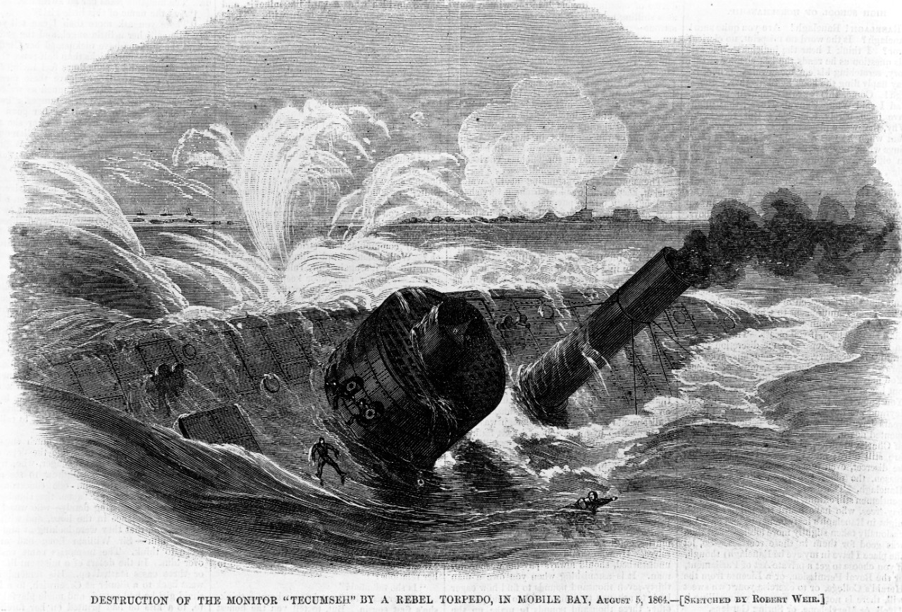 Photo #: NH 61473  &quot;Destruction of the Monitor 'Tecumseh' by a Rebel Torpedo, in Mobile Bay, August 5, 1864.&quot;