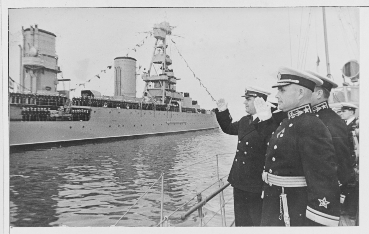 Soviet Rear Admiral F.S. OKTYABRSKII, reviewing the Black Sea Fleet.