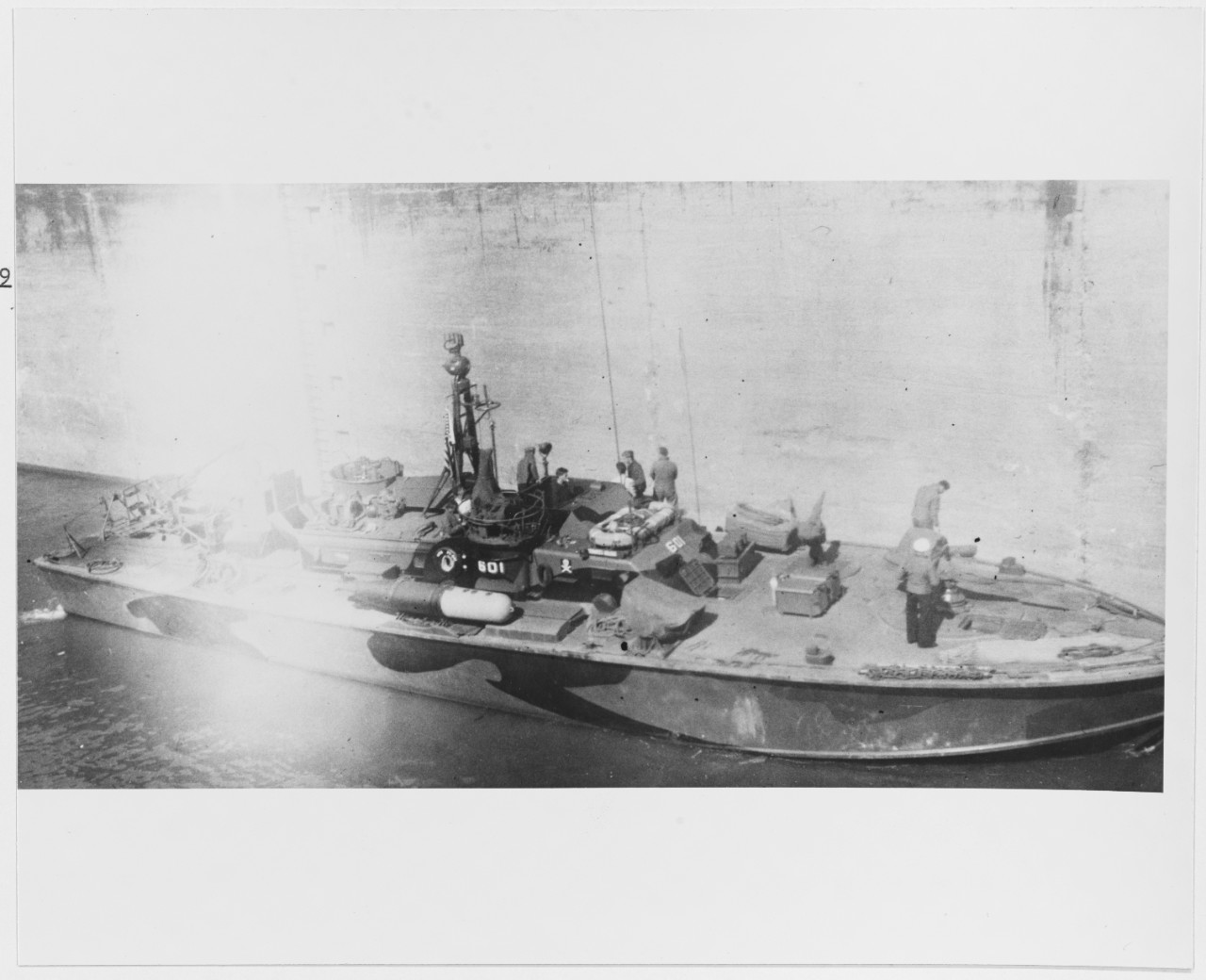 USS PT-601 photographed from USS LSM(R)-509 in Lock 41 on the Ohio River, on October 13, 1945
