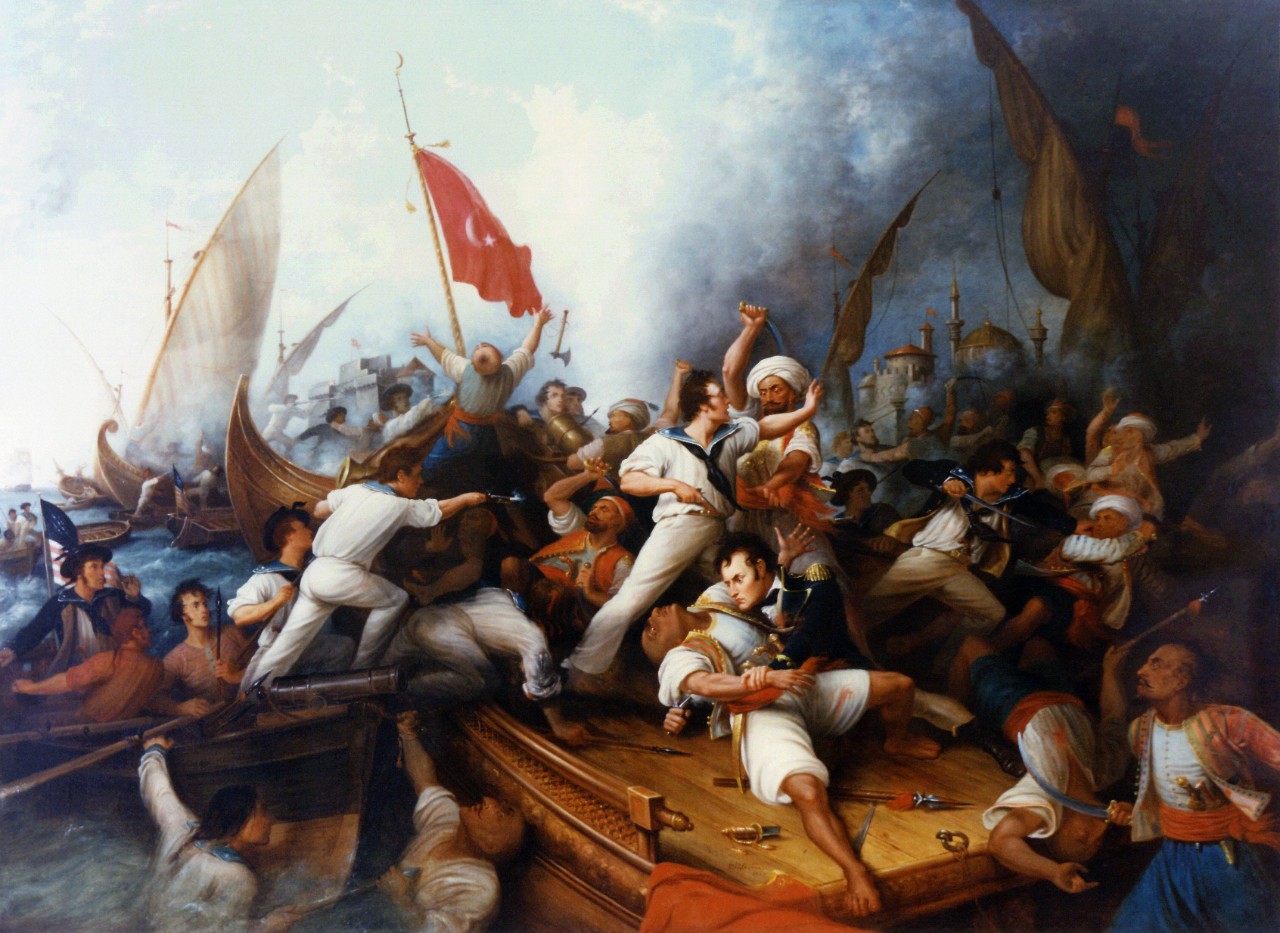 Decatur Boarding the Tripolitan Gunboat, during the bombardment of Tripoli, 3 August 1804 Oil by Dennis Malone Carter, 43 x 59, depicting Lieutenant Stephen Decatur (lower right center) in mortal combat with the Tripolitan Captain. Note that this work was painted in 1841, and that the flag at center is a fanciful misinterpretation of a flag in use by the Barbary Pirates.