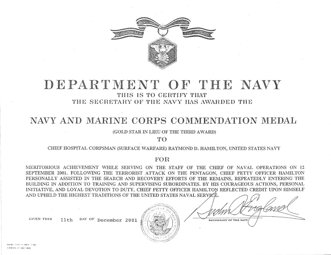 Hamilton, Darrell (Raymond) Navy and Marine Corps Commendation Medal