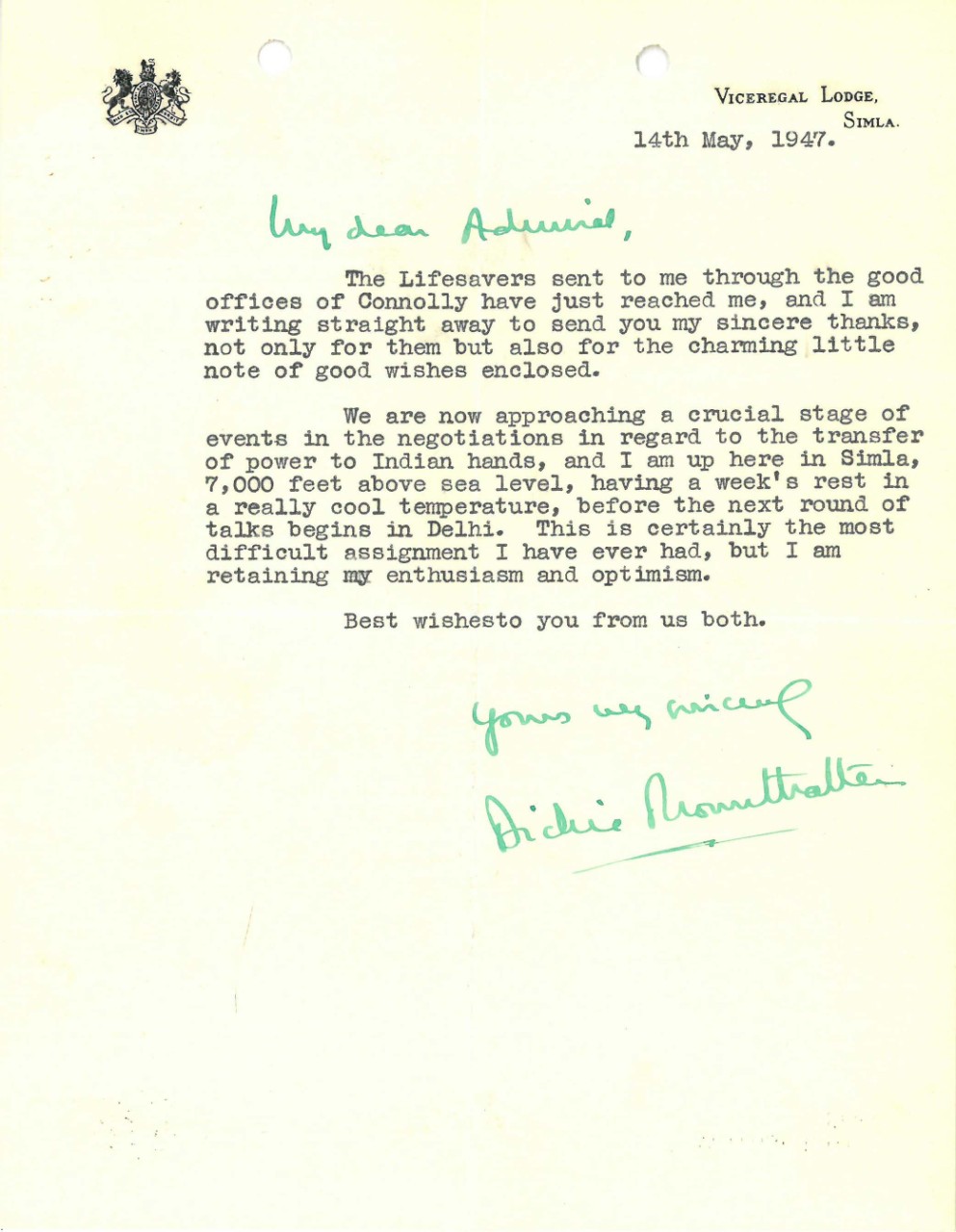 Letter from Lord Mountbatten to Admiral Stark dated May 14, 1947