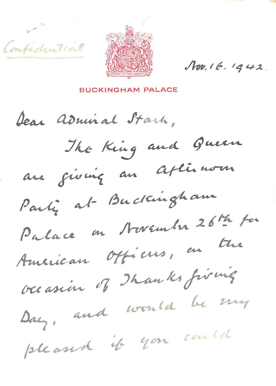 Letter from Buckingham Palace to Admiral Stark, November 16, 1942 (page 1)