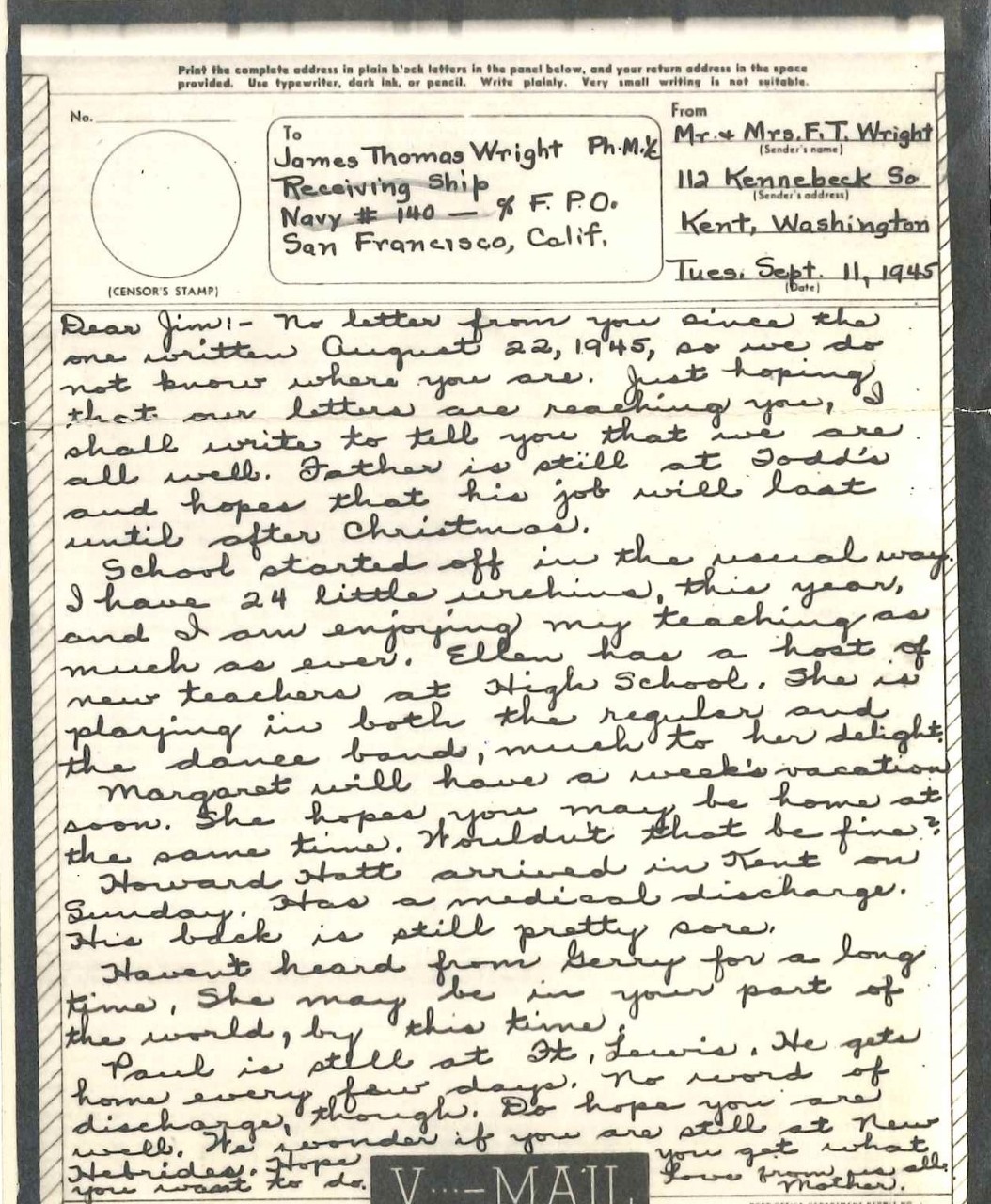 Letter to Wright from his mother, Sep. 11, 1945