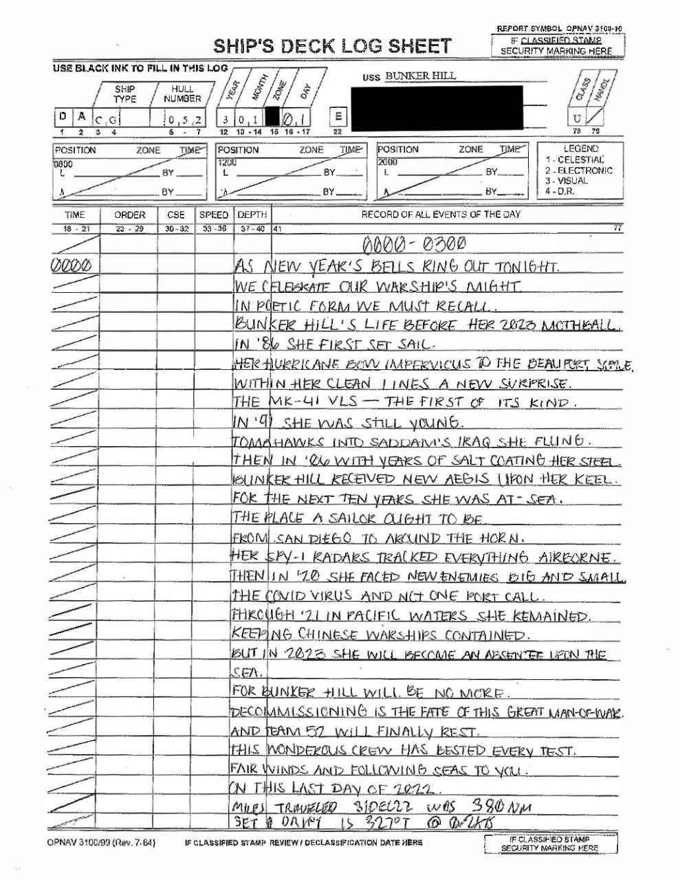 USS BUNKER HILL (CG-52) 2023 New Year's Deck Log Entry Page 1 Image
