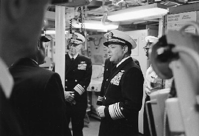 Admiral James L. Holloway, III, visits USS Spruance, March 1976, photograph - NHHC Photo #NH 103816.