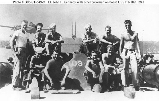 Lt. John F. Kenndey with other crewmen onboard USS PT-109, 1943. Naval History and Heritage Command, Photographic Section, Photo# 306-ST-646-9.