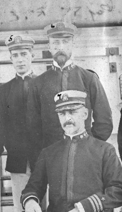 Lt. Price (standing center); Officers of USS Don Juan de Austria, Photograph taken while at Canton, China, circa September 1900. Officers listed are numbered as follows: 1. Lieutenant Junior Grade John D. Barber, Asst. Paymaster, USN; 2. Naval Ca...
