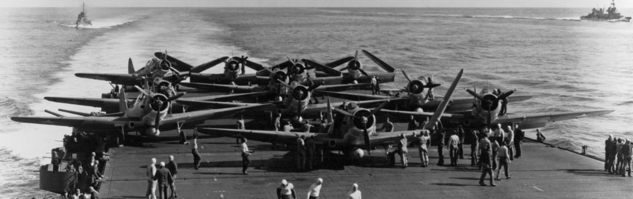 Torpedo Squadron Six (VT-6) TBD-1 aircraft are prepared for launching on USS Enterprise (CV-6) at about 0730-0740 hrs, 4 June 1942.