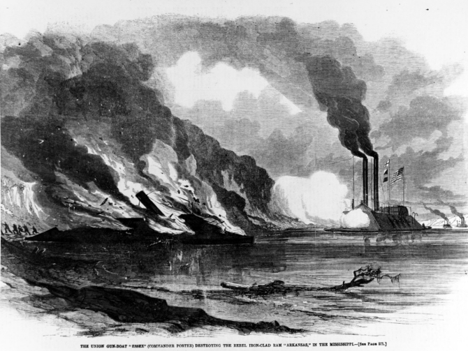 <p>NH 59042 &quot;The Union Gun-boat 'Essex' (Commander Porter) Destroying the Rebel Iron-clad Ram 'Arkansas', in the Mississippi&quot;</p>

