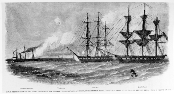 <p>NH 59210 &quot;Naval Skirmish between the Rebel Iron-plated War Steamer Yorktown, and a portion of the Federal Fleet anchored in James River, Va., off Newport News.&quot;</p>
