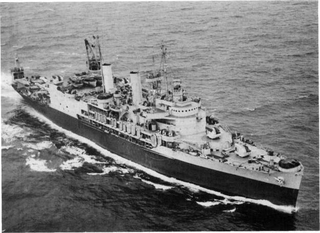 Albemarle (AV-5), 30 July 1943, in what is probably Measure 21 (Navy blue/haze gray) camouflage. (80-G-76629)