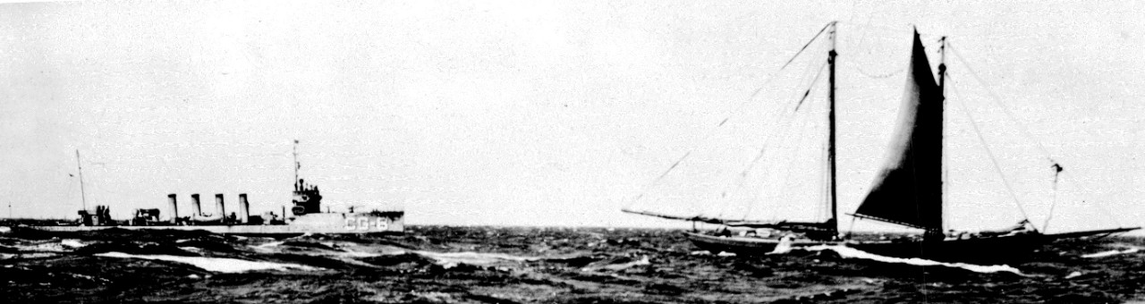 Ammen, designated CG-8 during her service with the U.S. Coast Guard, picketing an unknown rumrunner, 28 April 1926. (U.S. Coast Guard Historian’s Office Photograph No. 42826, 28 April 1926)