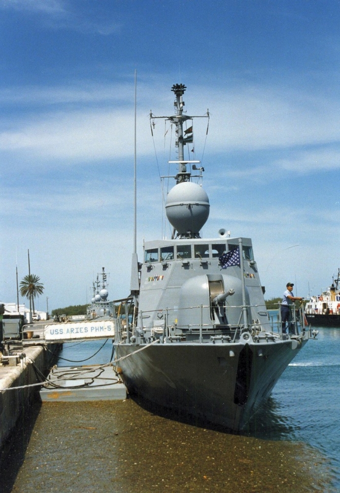 Aries moored at Naval Air Station, Key West, Fla. in April 1993. (Operations Specialist 2nd Class John Bouvia, U.S. Navy Photograph DN-SC-93-03753).