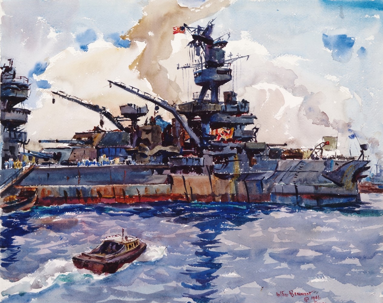 The first atomic bomb blasts Arkansas’ upper works during Event Able, 1 July 1946. The atmospheric detonation heavily damages the masts, superstructure, and deck. (Arthur Beaumont, Watercolor Accession No. 88-169-H, Naval History and Heritage Com...