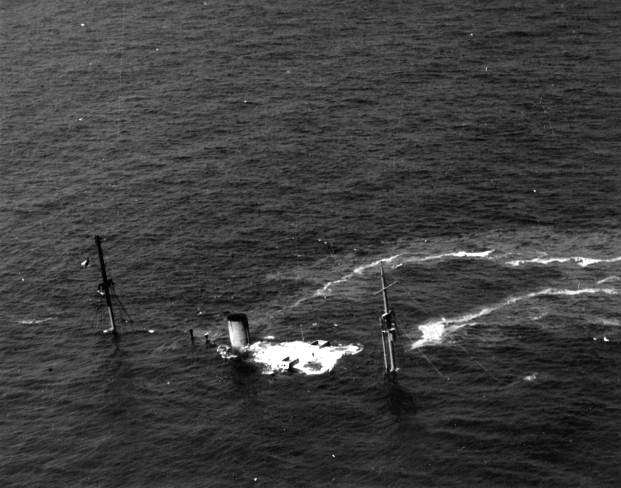 Empire Thrush, victim of U-203, lying on the bottom, 10-12 miles due east of the Cape Hatteras Lighthouse. Asterion rescued her entire crew on 14 April 1942. (U.S. Navy Photograph 80-CF-1054-3, National Archives and Records Administration, Still ...