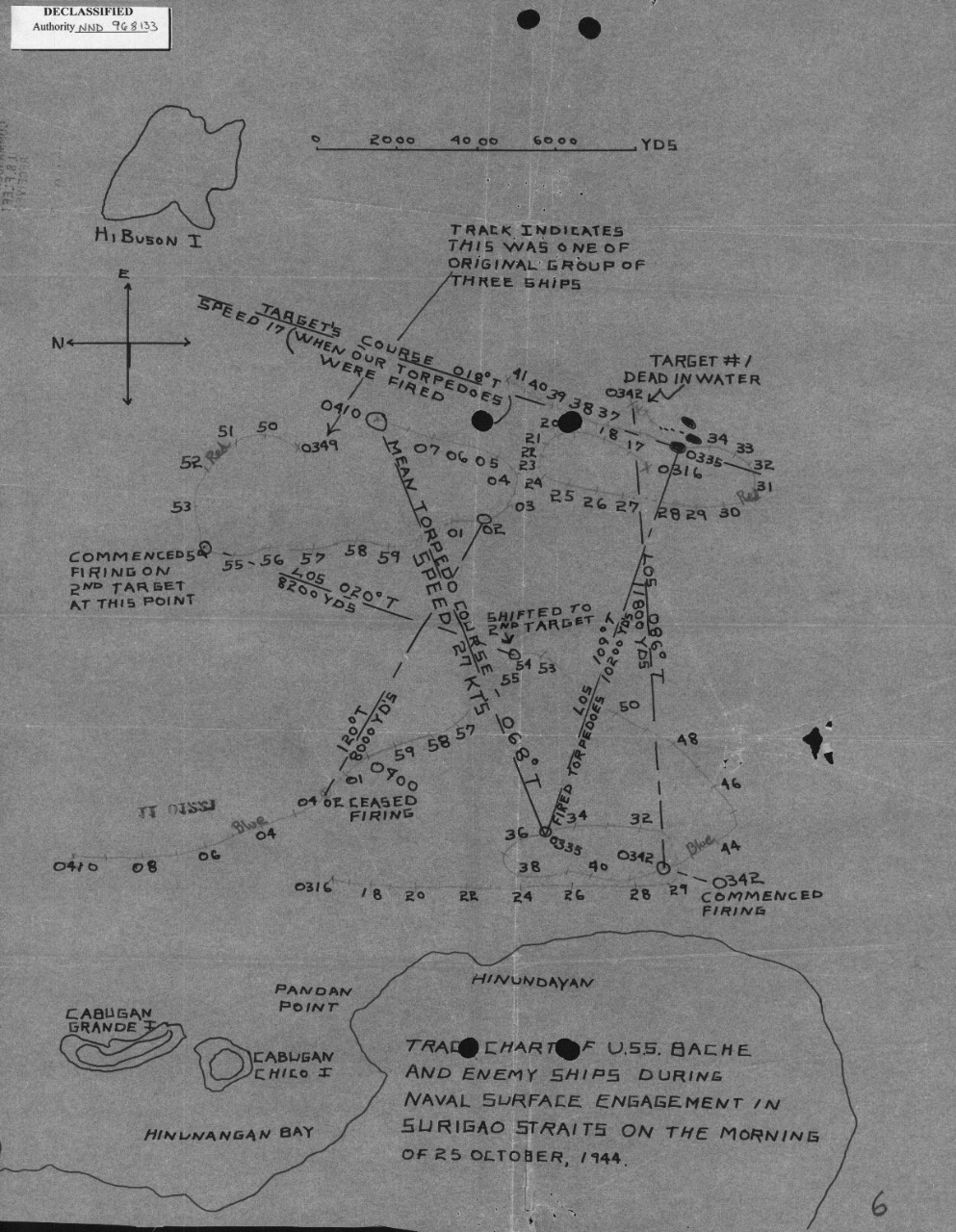 Bache’s track chart for the Battle of Surigao Strait shows the confusion of the fighting at night, the desperate maneuvering, and the multiple gunfire salvoes and torpedo launches, 25 October 1944. (Bache (DD-470), After Action Report, Ships Hist...