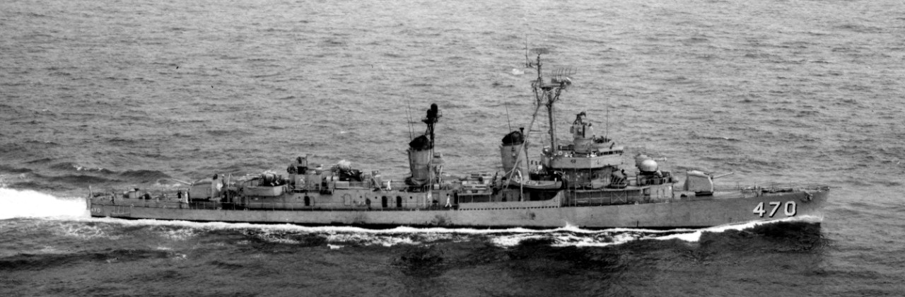 Bache underway, 20 June 1966. Note that she retains only two of her original 5-inch/38 mounts. The distinctive Weapon ALFA launcher can be seen ahead of the bridge, along with Hedgehogs mounted on the forward deckhouse. She carries two triple-mou...
