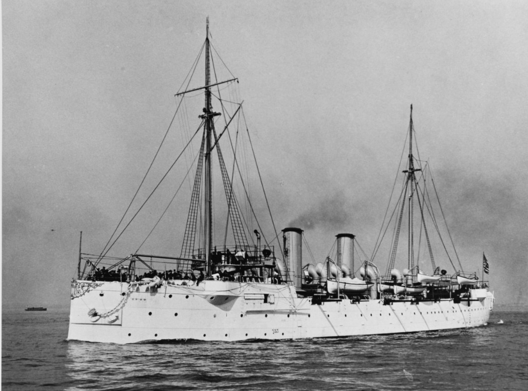 Baltimore underway in New York Harbor, circa 1903. The Statue of Liberty is dimly visible in the right distance. Courtesy of the Naval Historical Foundation, 1975. (Naval History and Heritage Command Photograph NH 83962)