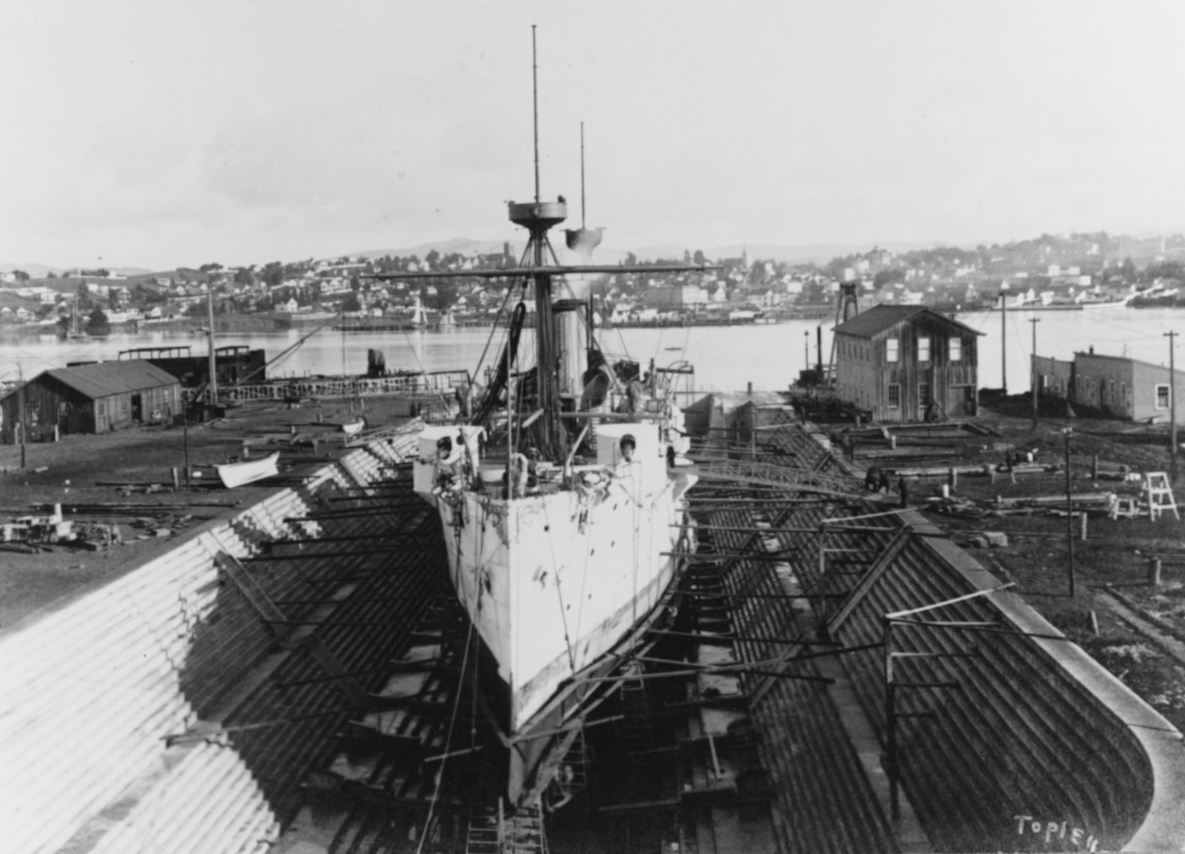 Baltimore in drydock at the Mare Island Navy Yard during the 1890s. Photographed by William H. Topley. Collection of William H. Topley. Courtesy of Charles M. Loring, 1970. (Naval History and Heritage Command Photograph NH 71055)