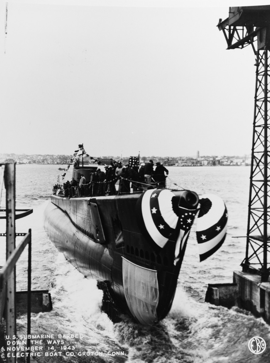 Barbel enters her element at the Electric Boat Co., Groton, 14 November 1943 (U.S. Navy Photograph 80-G-216385, National Archives and Records Administration, Still Pictures Division, College Park, Md.)