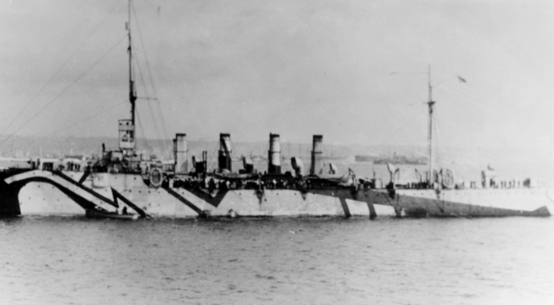 Birmingham sports her dazzle camouflage while visiting Brest, France, 15 October 1918. (Naval History and Heritage Command Photograph NH 56393)