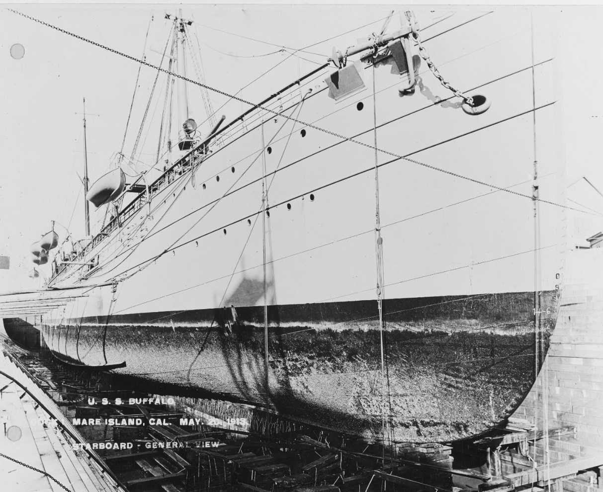 Buffalo drydocked at the Mare Island Navy Yard on 20 May 1913, showing fouling on the ship's hull. (Naval History and Heritage Command Photograph NH 78675)