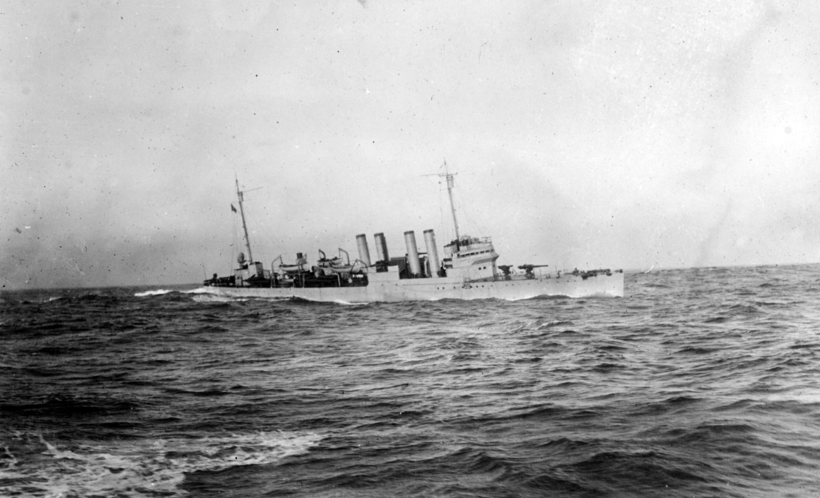 Caldwell underway off France, circa late 1918, in a solid color paint scheme, with her identification number still in its wartime position beneath the bridge. (Naval History and Heritage Command Photograph NH 55002)