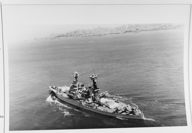 California passes beneath the Golden Gate Bridge as she enters San Francisco Bay, circa January–June 1937. (Naval History and Heritage Command Photograph NH 73001)