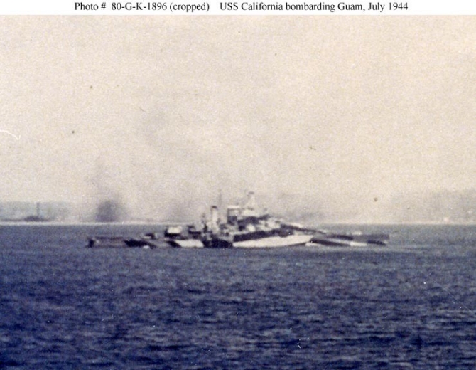 California pounds the Japanese troops on Guam, July 1944. S.C. Rotman, a sailor on board New Mexico (BB-40), snaps the picture from his ship during the battle. The battleship is painted in a distinctive camouflage pattern, likely Measure 32, Design 16-D. (Courtesy of S.C. Rotman, U.S. Navy Photograph NH 80-G-K-1896, National Archives and Records Administration, Still Pictures Branch, College Park, Md.)