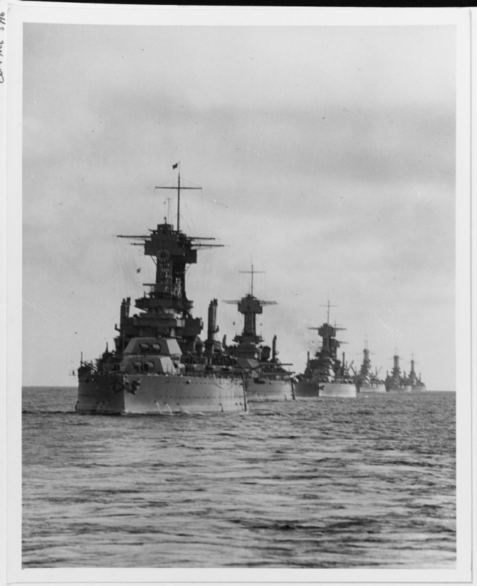 California participated in many exercises during the 1920s and here leads a line of battleships through a deceptively calm sea off the California coast. The three ships next in line (in no particular order) are believed to be Colorado (BB-45), Maryland (BB-46), and West Virginia (BB-48), followed by Tennessee (BB-43) and several older battlewagons. (U.S. Navy Photograph 80-G-695093, National Archives and Records Administration, Still Pictures Branch, College Park, Md.)