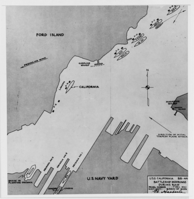 Following the Japanese attack of 7 December 1941, the Bureau of Ships prepares this chart showing California’s position on that morning, compiled on 28 November 1942. The plan shows California at Berth F-3 along the southern side of Ford Island -- just left of the center of the picture -- though does not indicate all of the ships in the harbor. The chart also shows the directions that Nevada (BB-36) and repair ship Vestal (AR-4) -- both to the upper right -- take during the battle to attempt to escape the attackers, and to the lower right the first wave of enemy Nakajima B5N2 Type 97 carrier attack planes -- labeled “torpedo planes” -- that savage Battleship Row. (War Damage Report No. 21 U.S.S. California Torpedo and Bomb Damage, December 7, 1941 Pearl Harbor, Plate I, Collection of Vice Adm. Homer N. Wallin, donated in 1975, Naval History and Heritage Command Photograph NH 83108)