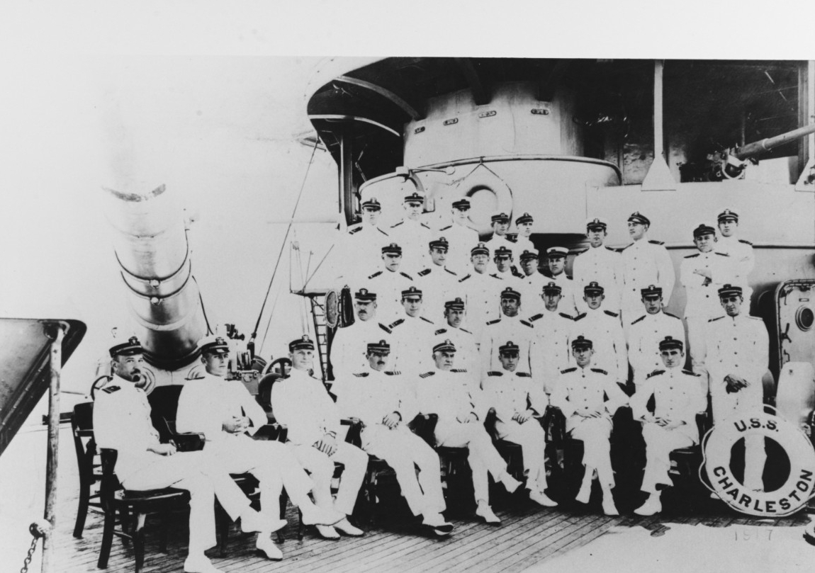 A view of Charleston’s officers snapped during World War I, circa 1917. Rear Adm. Hilary P. Jones, Commander, Division 1, Squadron 1, Cruiser Force, Atlantic Fleet, is in the center of the first row. (Naval History and Heritage Command Photograph...