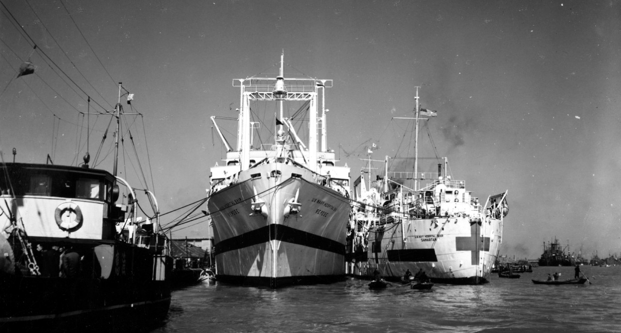 Samaritan at Shanghai, a place she had often visited as Chaumont, alongside the newer hospital ship Repose (AH-16), 25 March 1946. This would be the converted hospital ship’s last port call at that fabled city. (U.S. Navy Photograph 80-G-365987, ...