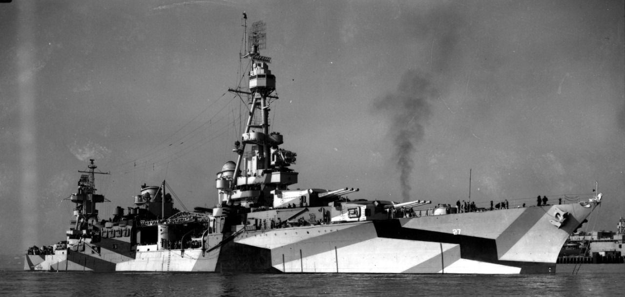Chester off San Francisco, circa May 1944, painted in Measure 32, Design 9D camouflage, the darkest color being 5-D Dull Black, the medium shade being 5-O Ocean Gray, and the lightest shade 5-L Light Gray. (U.S. Navy Bureau of Ships Photograph 19...