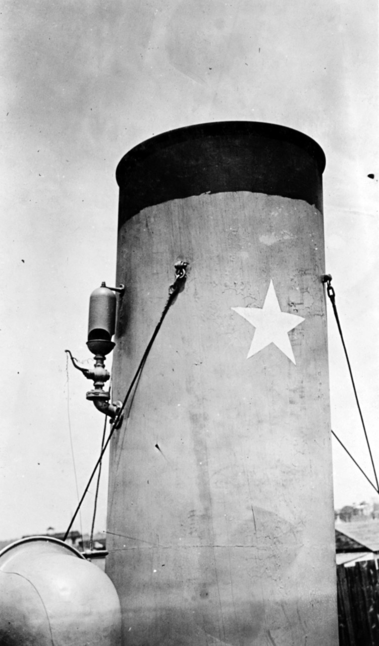 View of Christabel's smokestack, circa 1919. The star represents the German submarine she was then credited with having damaged and rendered inoperable in the Bay of Biscay on 21 May 1918. Note steam whistle on the stack. (Naval History and Herit...