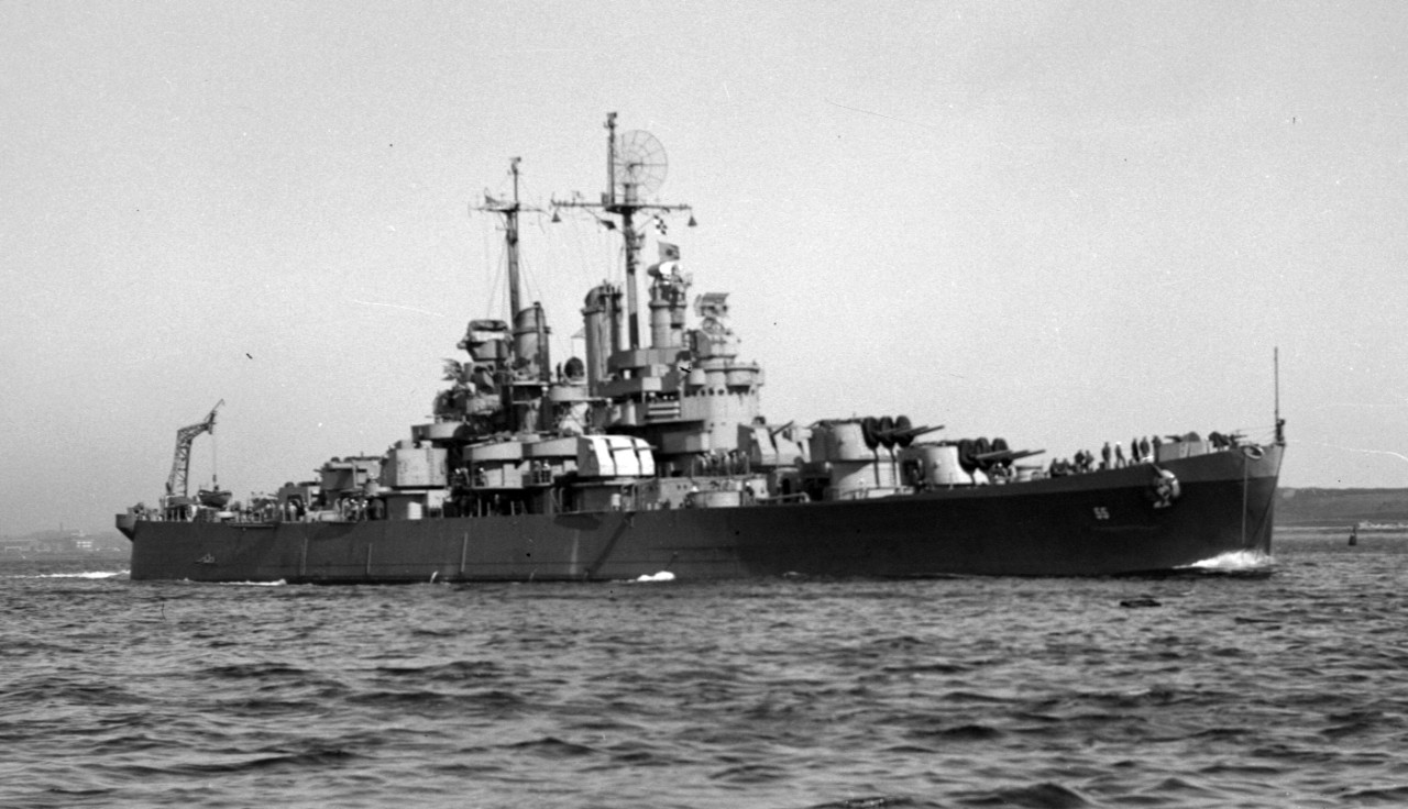 Cleveland in her last configuration, 27 March 1946, following extensive overhaul at Boston Naval Shipyard. (U.S. Navy Bureau of Ships Photograph BS 93532, National Archives and Records Administration, Still Pictures Branch, College Park, Md.)