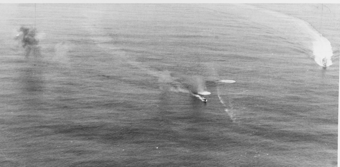 Corry (top right) approaching the doomed U-801. (U.S. Navy Photograph 80-G-222850, National Archives and Records Administration, Still Pictures Division, College Park, Md.)