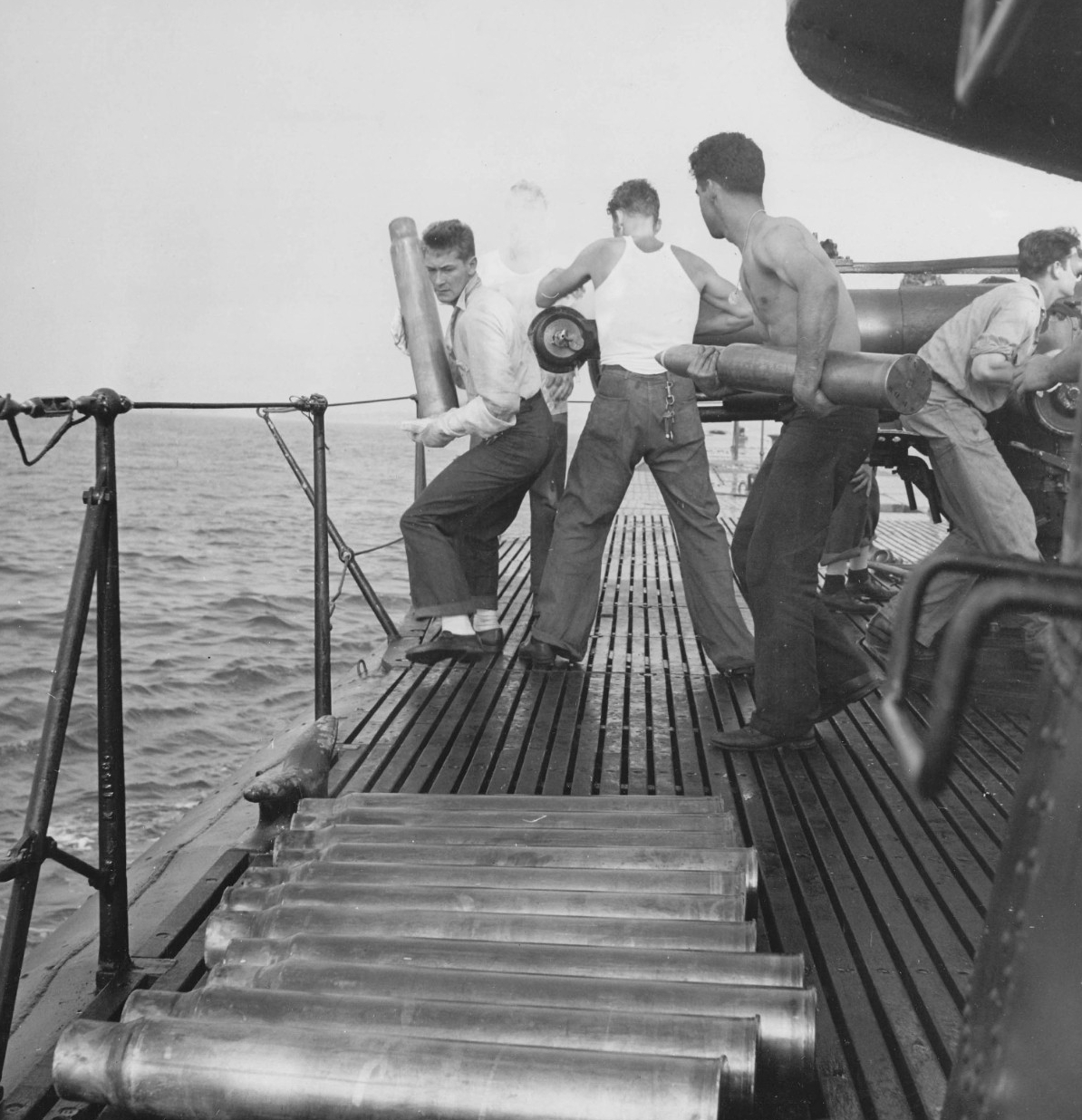 Corvina’s gun crew man her 4-inch gun while engaged in a gunnery exercise at the Submarine Base, New London, Conn. This photograph was released on 4 November 1943, just two weeks before Corvina went missing. (U.S. Navy Photograph 80-G-43491, Nati...