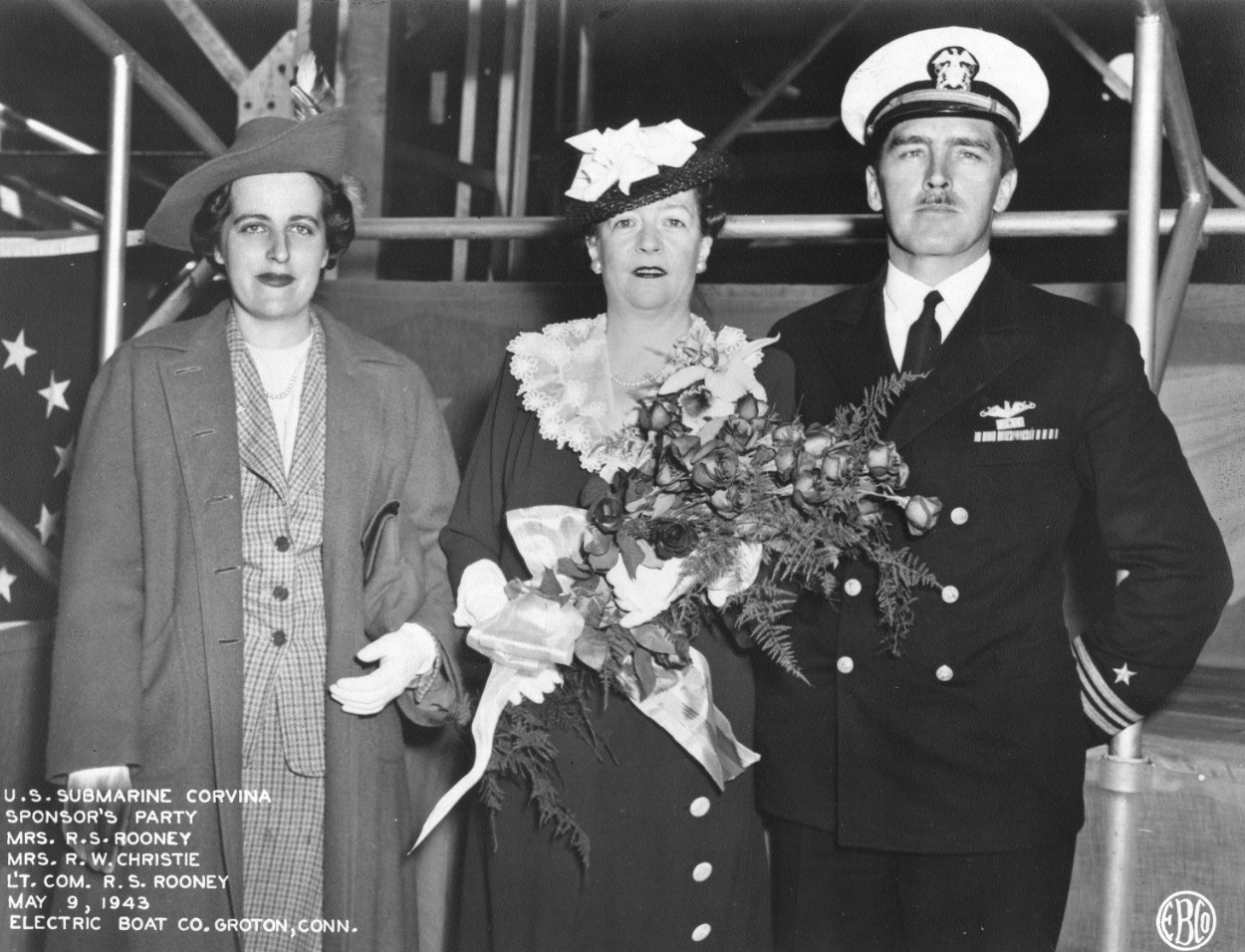 Mrs. Mary S. Rooney, Mrs. LaRene P. Christie, and Lt. Cmdr. Roderick S. Rooney, Corvina’s prospective commanding officer, at the launching ceremonies, 9 May 1943. (U.S. Navy Photograph 80-G-70669, National Archives and Records Administration, Sti...