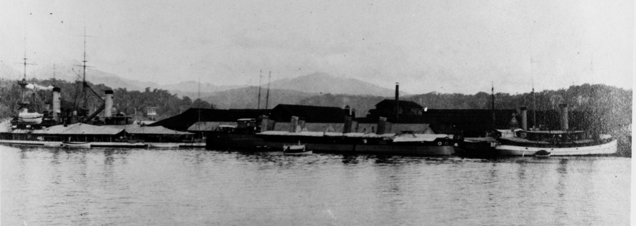 Olongapo Naval Station, Philippine Islands, view of the waterfront, circa 1914-1916. Ships present are (from left to right): Monadnock (Monitor No. 3); Monterey (Monitor No. 6); Bainbridge; Decatur; the gunboat Pampanga; and Piscataqua (Fleet Tug...