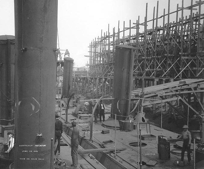 Dale (Destroyer No. 4) and Decatur fitting out at the William R. Trigg Co. shipyard, Richmond, Va., 29 June 1901. The photographer was standing on Dale's after superstructure, looking forward and to starboard, with Decatur at the right. (Naval Hi...