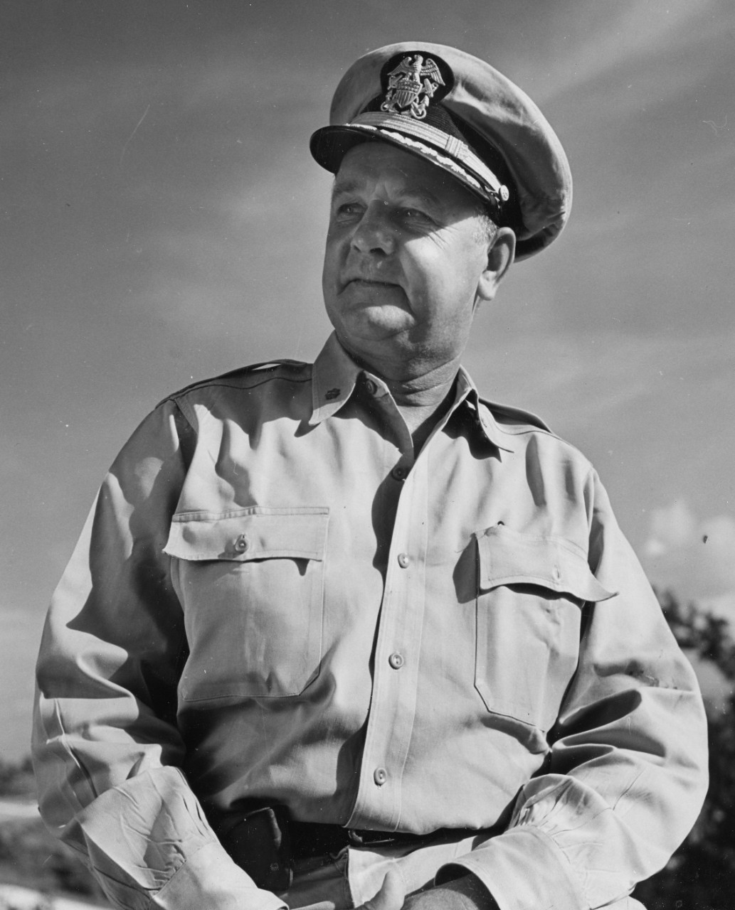 Cmdr. Sigurd Hansen, who received the Navy Cross for his performance of duty off Samar, is seen here at Guam, 20 June 1945. (U.S. Navy Photograph 80-G-338997, taken by CSP Jerome Zerbe, National Archives and Records Administration, Still Pictures...