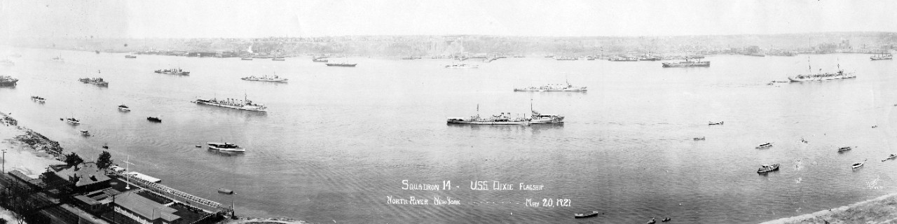 Destroyer Squadron 14 in the North River, off New York City, on 20 May 1921. Panoramic photograph by Himmel and Tyner, New York. From left to right, the ships present are Cummings (DD-44); Wainwright (DD-62); Parker (DD-48); Balch (DD-50); McDoug...