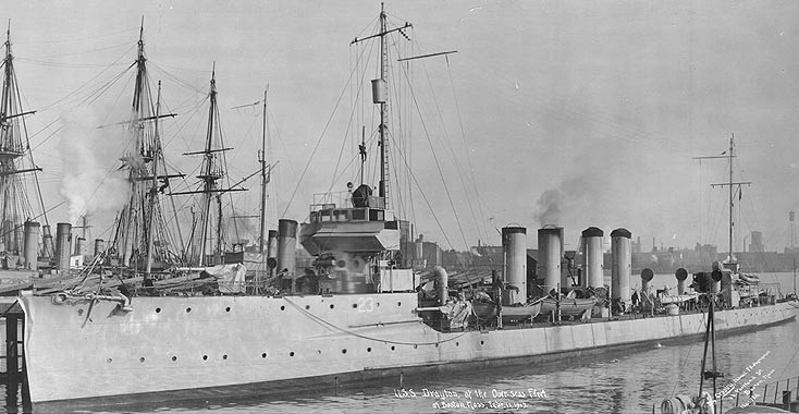 Drayton at the Boston Navy Yard, 11 February 1919. Photographed by J. Crosby, Naval Photographer. Note Drayton's damaged stem, and the masts of Constitution in the left background. Courtesy of the Naval Historical Foundation, Crosby Collection. (...