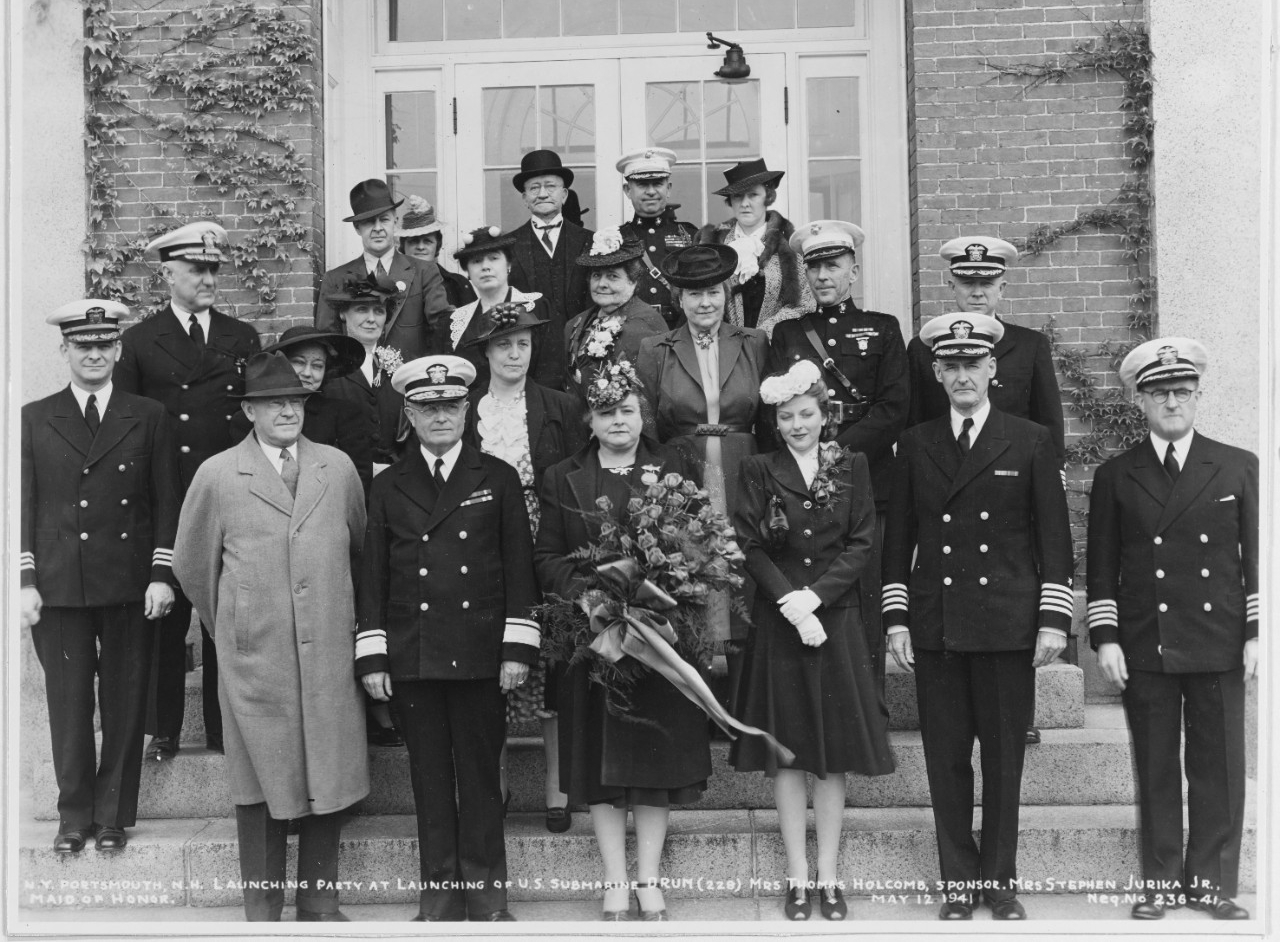 Drum’s launching ceremony at the Portsmouth Navy Yard, 12 May 1941. Mrs. Beatrice M. Holcomb, Drum’s sponsor, can be seen in the center of the photograph. (Naval History and Heritage Command Photograph NH 54571)
