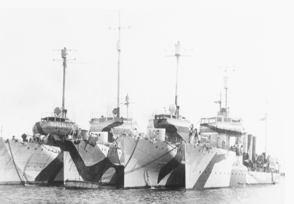 Destroyers moored at Brest, France, circa 1918. Right-hand ship is probably Ammen (Destroyer No. 35), second from left is Duncan. (Naval History & Heritage Command Photograph NH 100434)